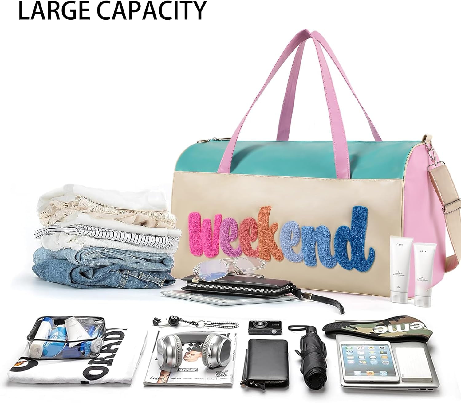 Chenille Letter Travel Duffle Bag Large PU Leather Weekender Overnight Bag for Women Carry on Bags Travel Tote（Weekender）