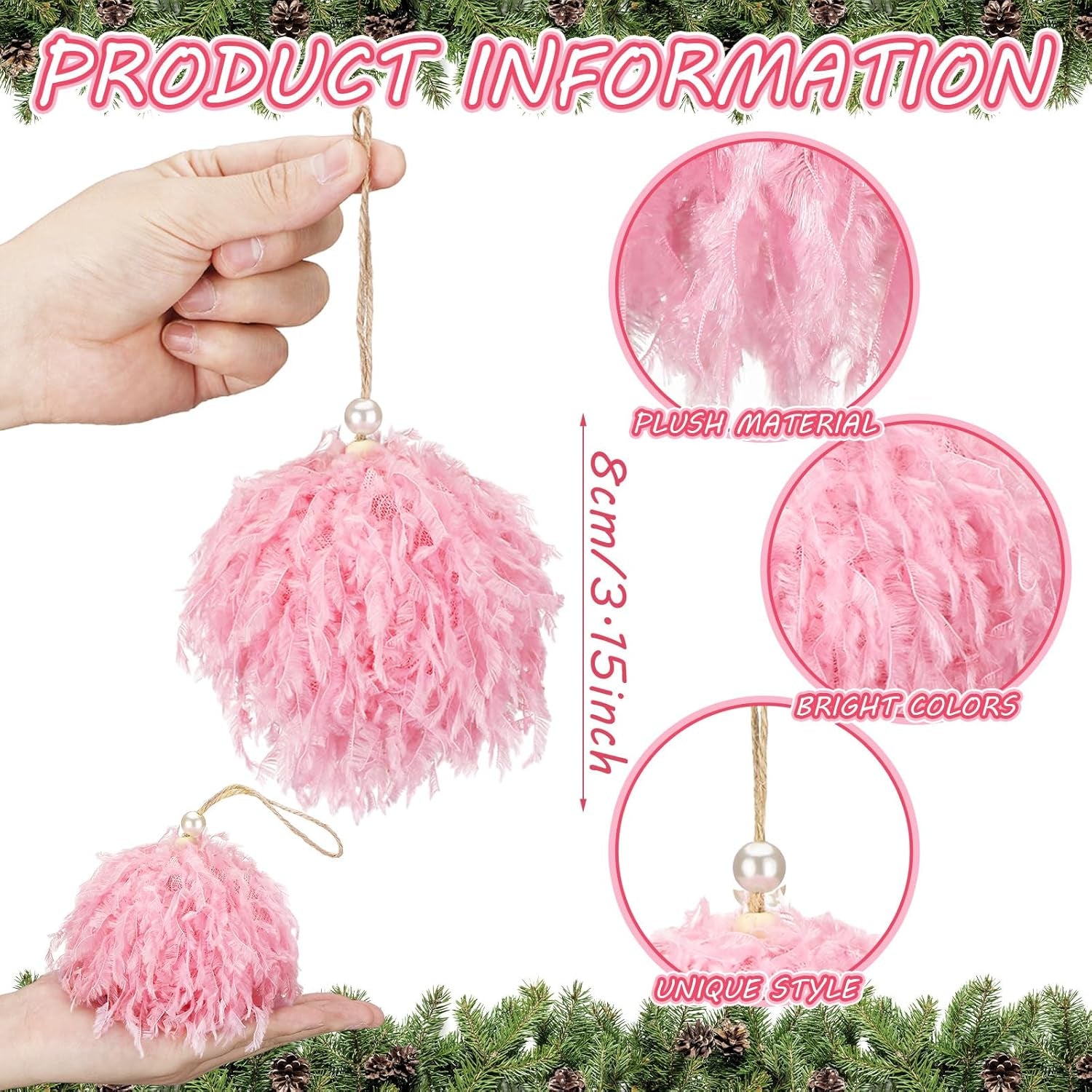 6 Pcs Furry Christmas Ball Ornaments 3.15 Inch Fuzzy Curly Elf Ornaments Ball Christmas Tree Hanging Decorations Soft Pom Pom Ball Xmas Ornament Pendants for Party Supplies(Pink)