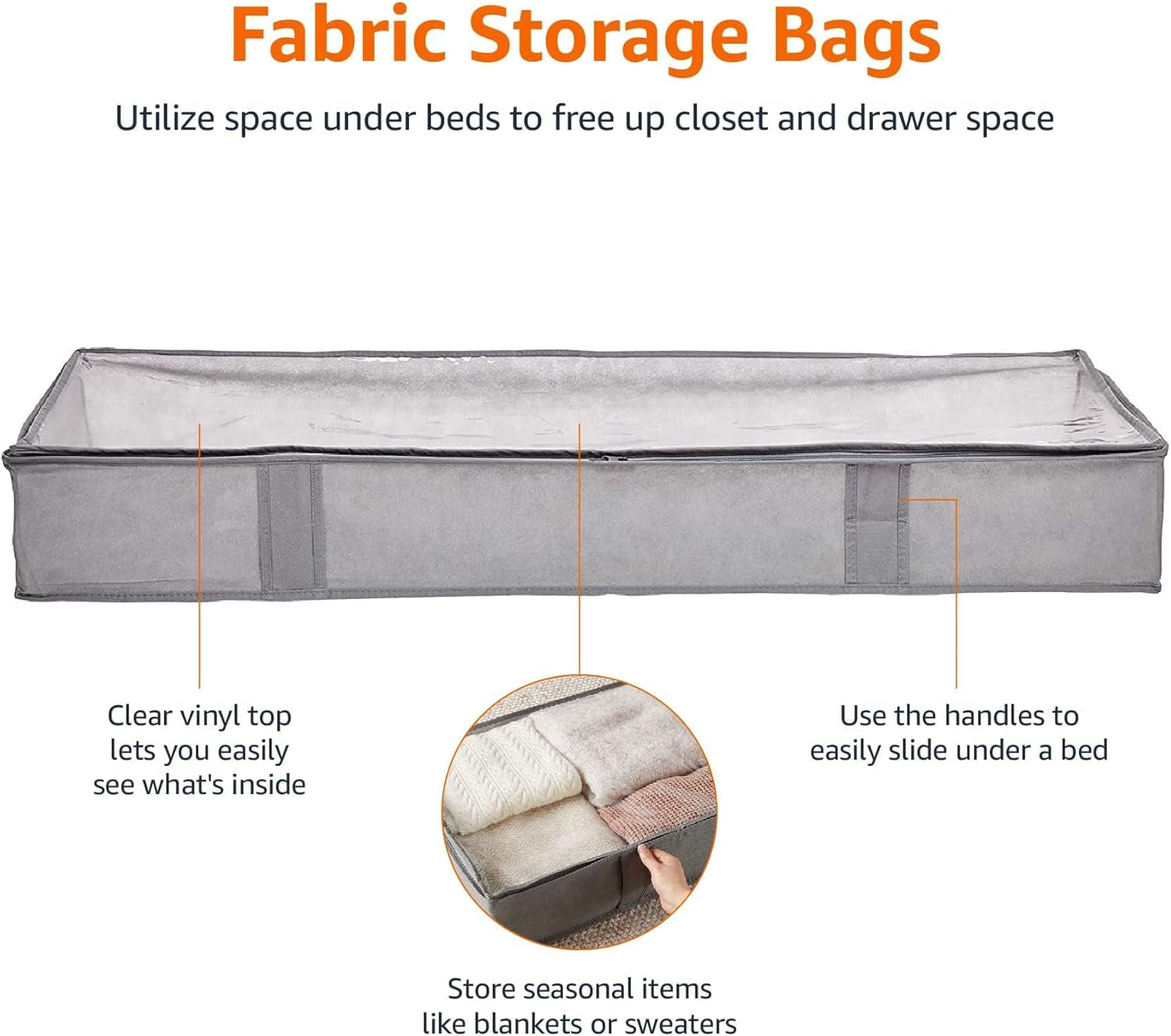 under Bed Fabric Zipper Blanket Storage Container Bags with Window and Handles, 2-Pack, 18 X 42 X 6 Inches, Gray