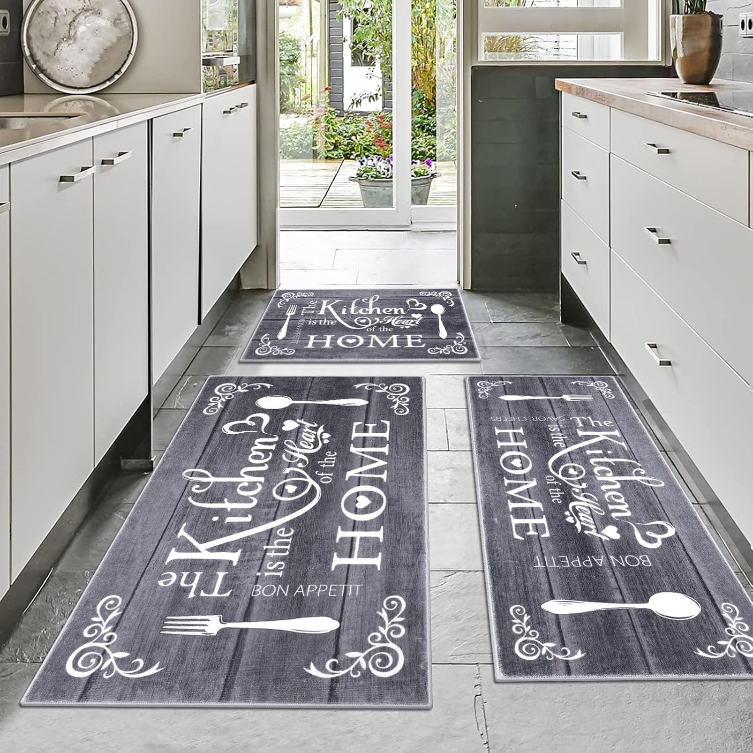 Boho Kitchen Rug Sets 3 Pieces, Washable Kitchen Mats for Floor, Non Slip Soft Kitchen Area Rug Floor Mat for Kitchen, Laundry Room and Hallway (Teal, 20''X32''+20''X47''+20''X59'')