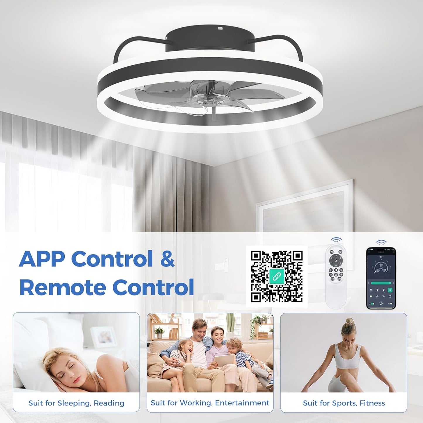 Ceiling Fans 20" with Lights and Remote, Ceiling Fan Smart Control Dimmable Low Profile Flush Mount Ceiling Fan Indoor/Outdoor Modern with Light for Living Room, Bedroom, Kitchen