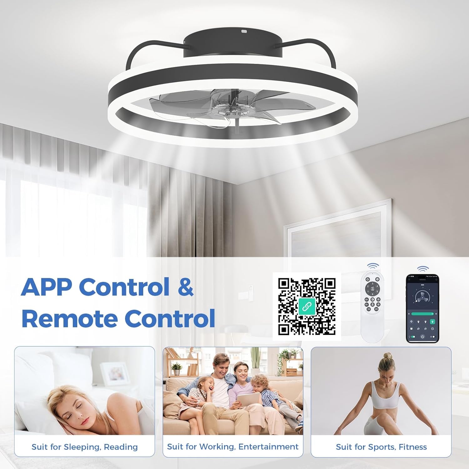 Ceiling Fans 20" with Lights and Remote, Ceiling Fan Smart Control Dimmable Low Profile Flush Mount Ceiling Fan Indoor/Outdoor Modern with Light for Living Room, Bedroom, Kitchen