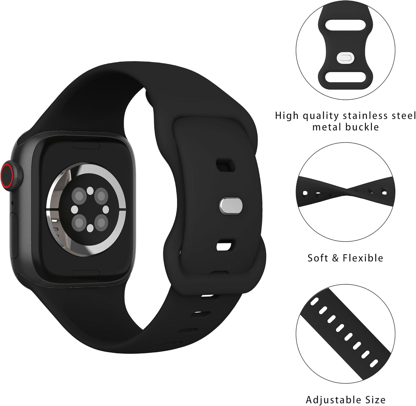 Sport Bands Compatible with Apple Watch Band 38Mm,40Mm 41Mm 42Mm 44Mm 45Mm 49Mm Women Men,Soft Silicone Strap for Iwatch Series Ultra 9 8 7 6 5 4 3 2 1 SE Black