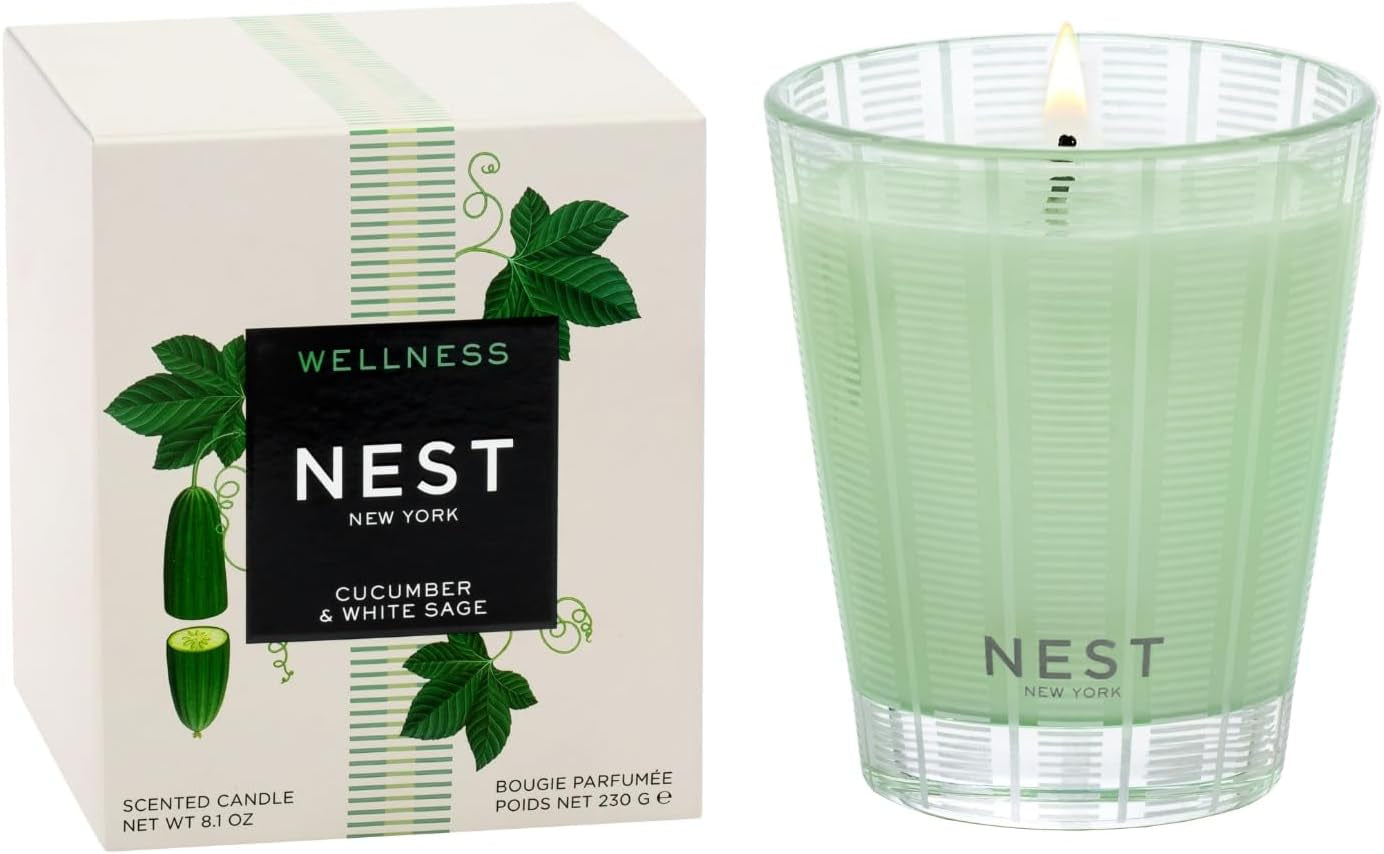 Scented Classic Candle, Cucumber & White Sage - 8.1 Oz - up to 60-Hour Burn Time - Reusable Glass Vessel The White Lotus
