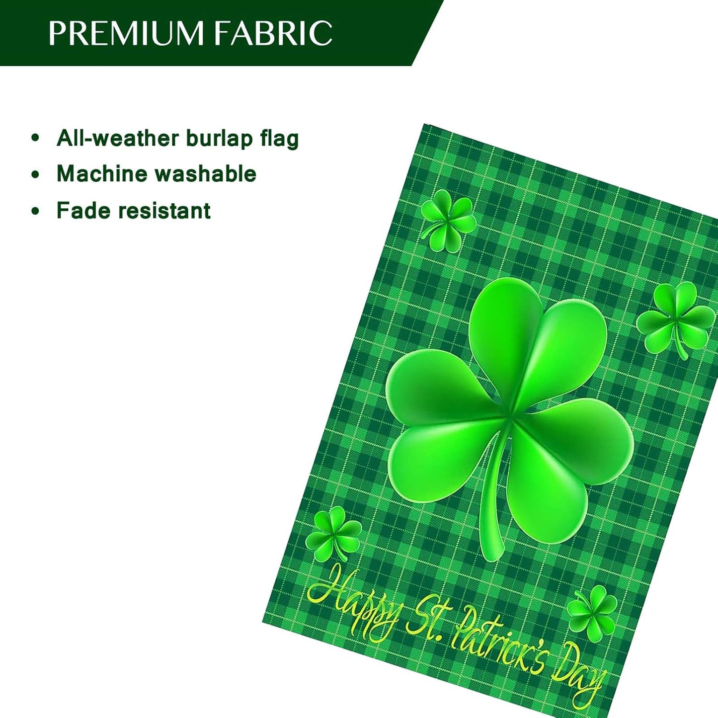 Happy St Patricks Day House Garden Flags,Shamrock Buffalo Check Plaid Rustic Burlap Yard Sign Decorations,Spring Banners for Outdoor 12 X 18 Inch Double Sided (Green)