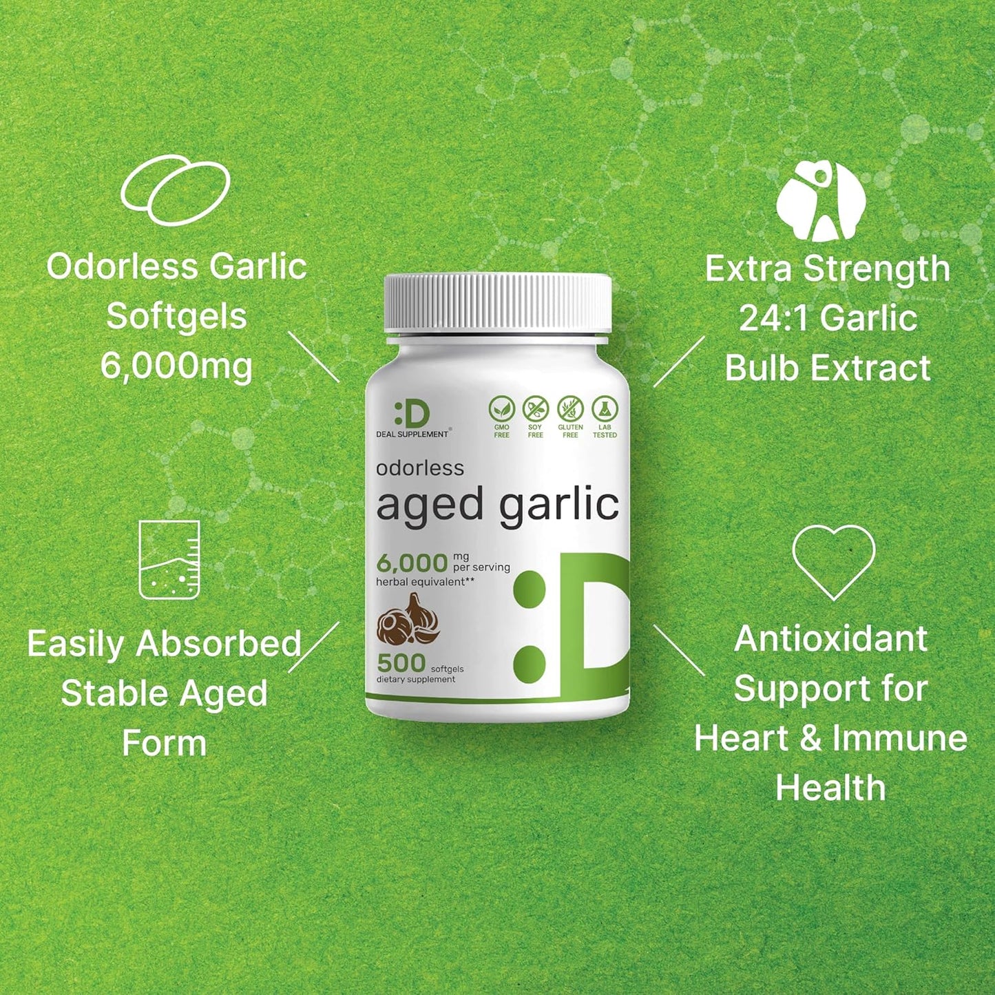 Odorless Aged Garlic Pills, 6,000Mg per Serving, 500 Softgels – 24:1 Garlic Oil Extract – Fresh Allium Sativum Bulb Source – Heart & Immune Antioxidant Supplements – Non-Gmo TLBH