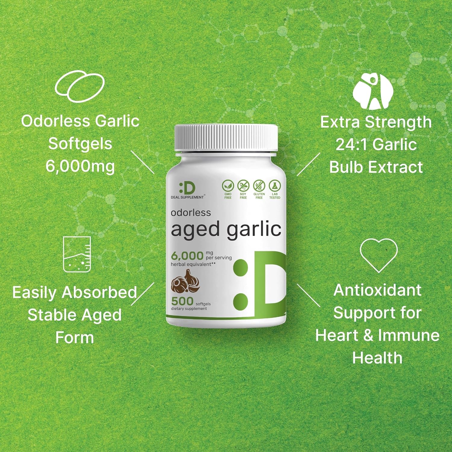 Odorless Aged Garlic Pills, 6,000Mg per Serving, 500 Softgels – 24:1 Garlic Oil Extract – Fresh Allium Sativum Bulb Source – Heart & Immune Antioxidant Supplements – Non-Gmo TLBH