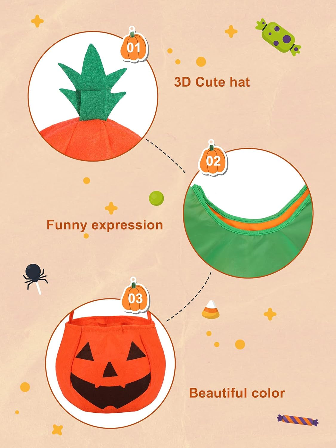 Adult Halloween Pumpkin Costume Set Pumpkin Cloak Poncho with Candy Bag Hat Pumpkin Handbag Funny Headband