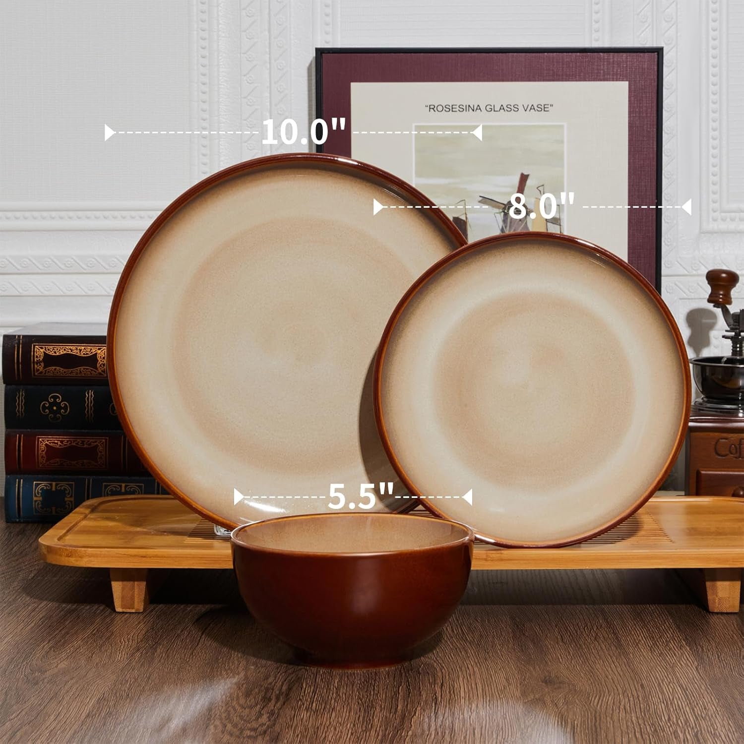 Stoneware Dinnerware Set Service for 4, 12 Pcs Reactive Glaze Plates and Bowls Sets, Handmade round Dishes Set, Highly Chip and Crack Resistant Modern Plate Set, Red Brown & Yellow