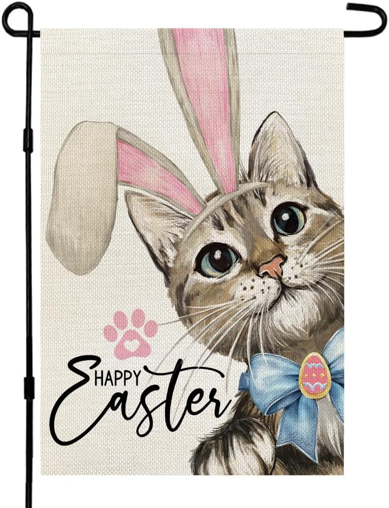 St Patricks Day Cat Garden Flag Hello Lucky 12X18 Inch Double Sided for outside Small Burlap Shamrock Clovers Holiday Yard Decoration