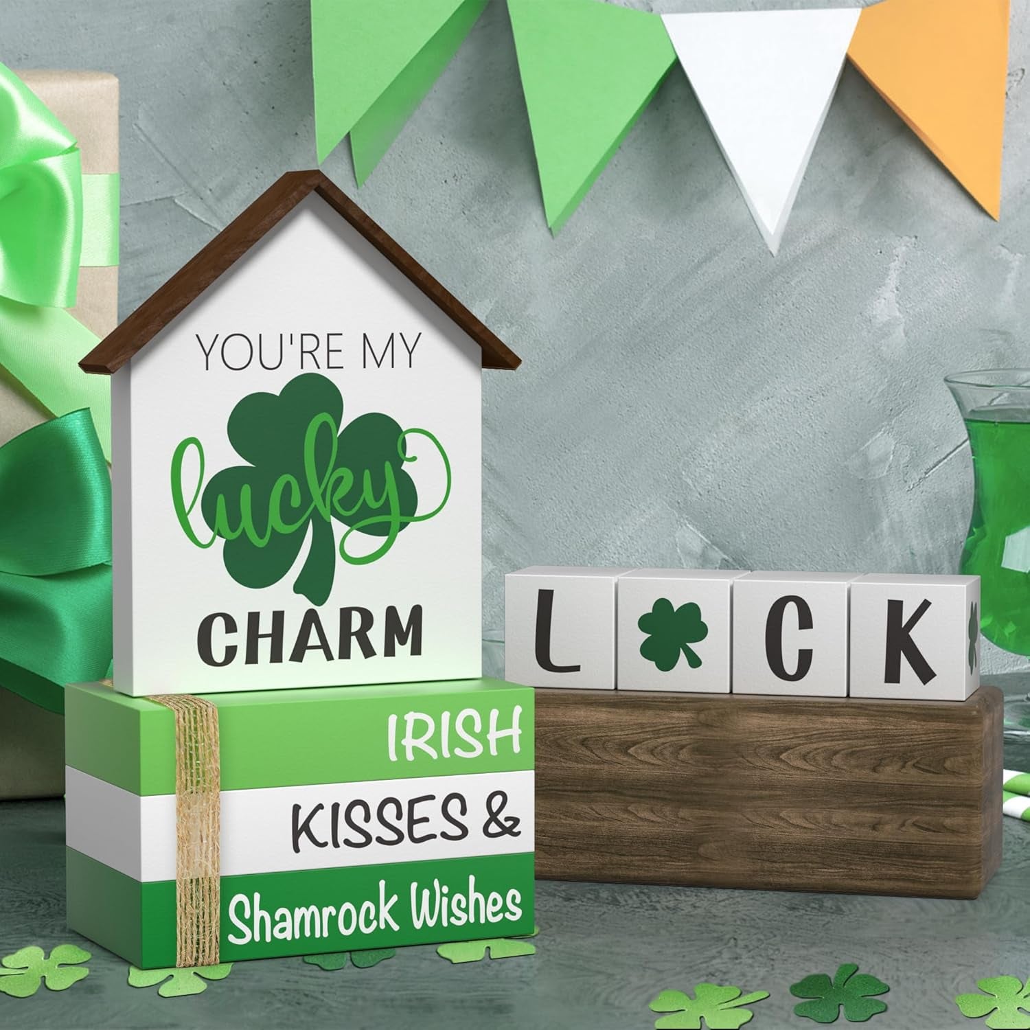 St. Patrick'S Day Decorations Shamrock Decor Faux Books, 8 Pcs St. Patricks Day Tiered Tray Decor Book Stack Lucky Wooden Signs, Farmhouse Rustic Wooden Decor for Home Kitchen Table
