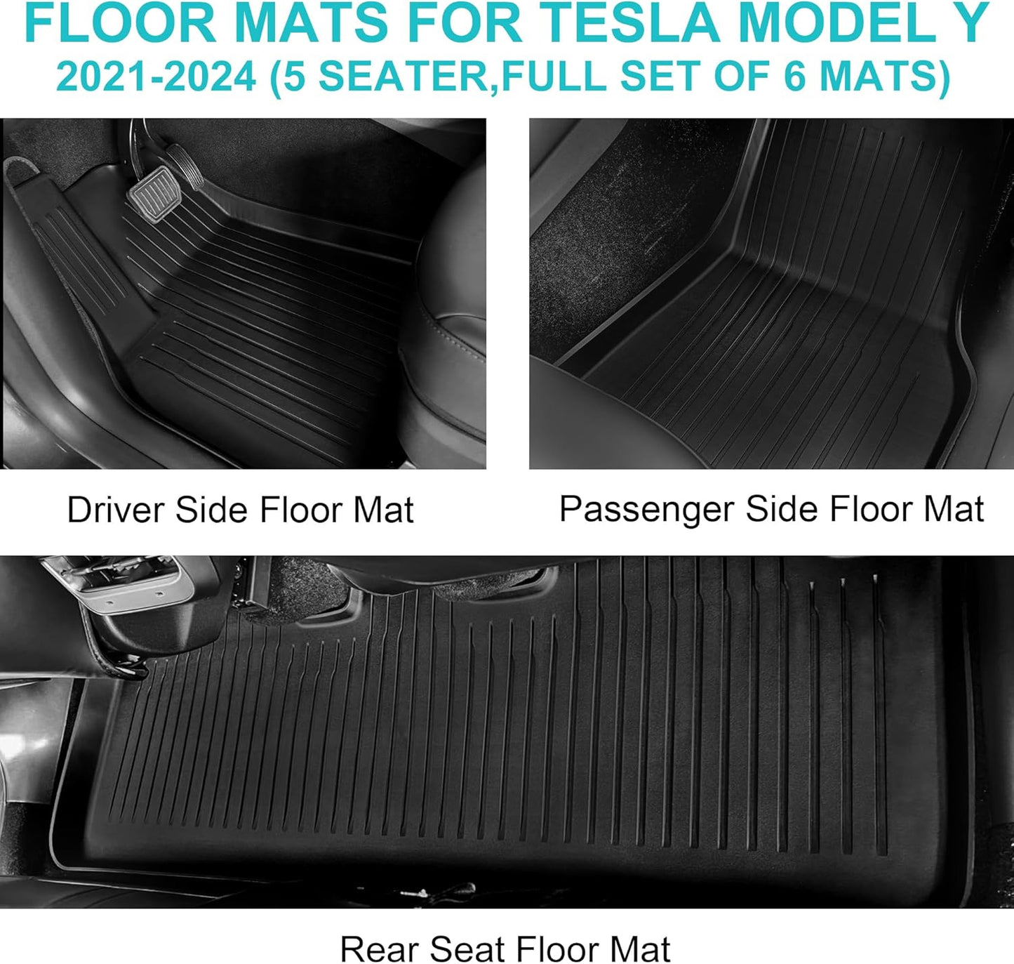 All Weather Floor Mats for Tesla Model Y 5-Seater 2024 2023 2022 2021, Anti-Slip TPE Waterproof Anti-Slip Front & Rear Trunk Mats Cargo Liners Accessories, Full Set Floor Liners, Set of 6
