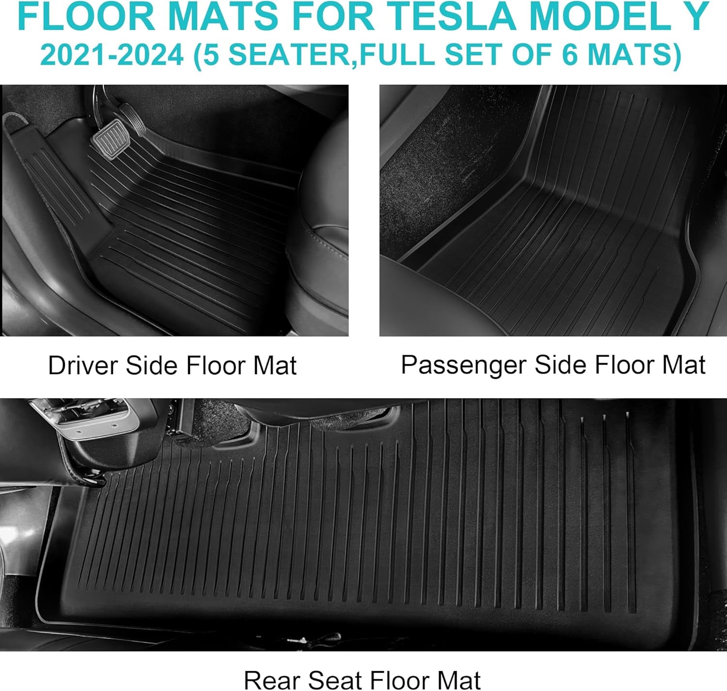 All Weather Floor Mats for Tesla Model Y 5-Seater 2024 2023 2022 2021, Anti-Slip TPE Waterproof Anti-Slip Front & Rear Trunk Mats Cargo Liners Accessories, Full Set Floor Liners, Set of 6