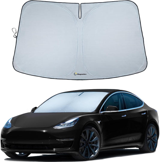 Tesla Windshield Sun Shade (Model 3/Y), Reflective Polyester Blocks Heat & Sun, Foldable Car Window Sun Blocker, Mirror Cut-Out, Fade-Resistant Sunshade, Tesla 3 Accessories