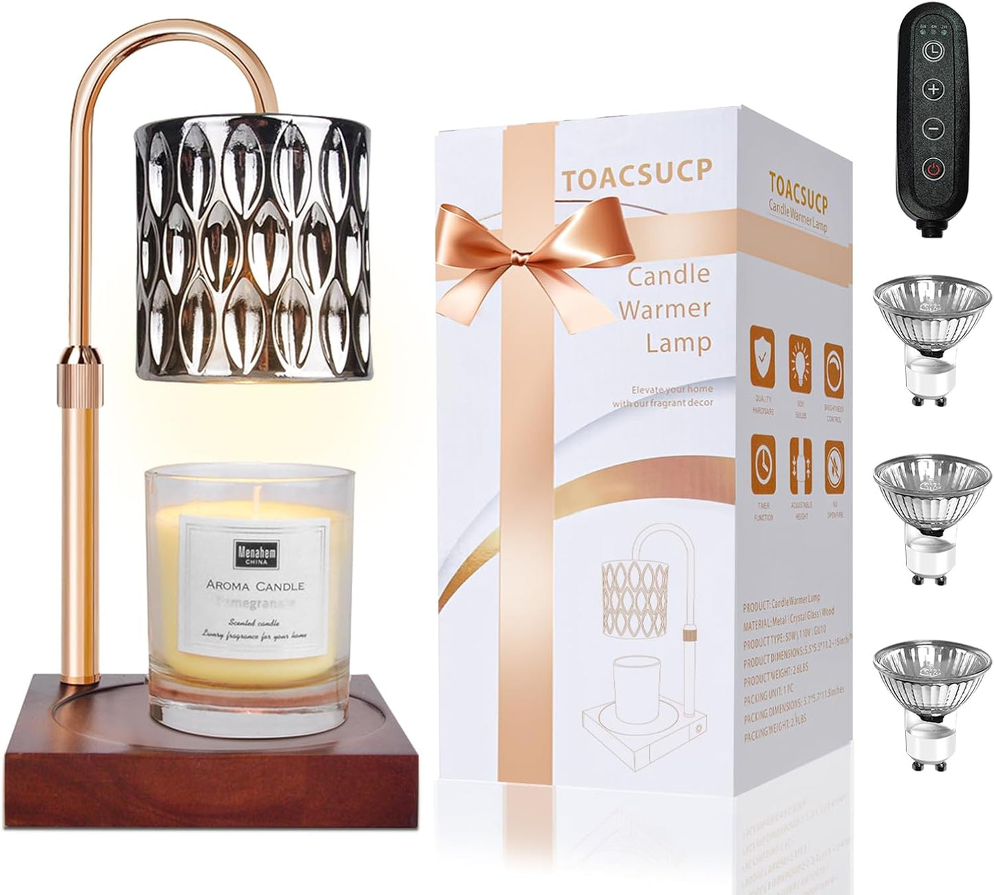 Candle Warmer Lamp with 3 Bulbs, Adjustable Height Dimmable Candle Warmer with Timer, Compatible with Large Jar Candles, Candle Lamp with Charming Gift Box Ribbon for Her/Him(Natural Wood)