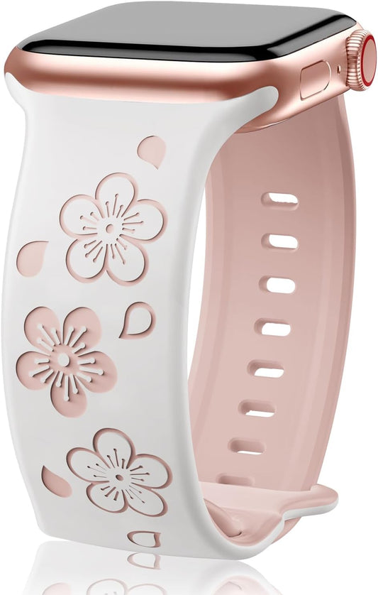 Floral Engraved Bands Compatible with Apple Watch 38Mm 40Mm 41Mm 42Mm 44Mm 45Mm 46Mm 49Mm for Women,Two-Tone Cute Flower Soft Silicone Sport Strap for Iwatch Ultra Series 10 9 8 7 6 5 4 3 2 1 SE