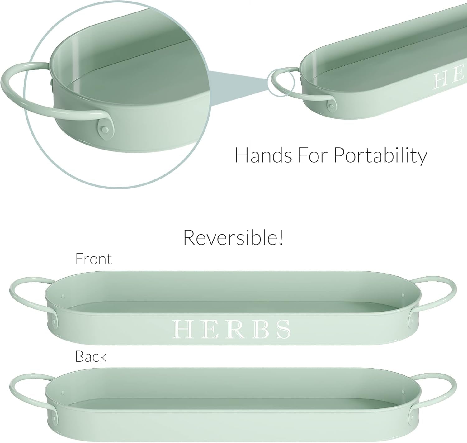 Indoor Herb Garden Planter Set with Tray, Metal Windowsill Plant Pots with Drainage for Outdoor or Indoor Plants, Set/3 (Soft Mint)