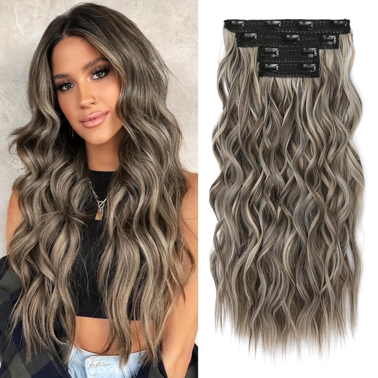 Hair Extensions, 4PCS Clip in Hair Extensions 24" Thick Long Beach Waves Hair Extensions HE003 Invisible Lace Weft Natural Soft Synthetic Hairpieces for Women – Ash Brown with Highlights