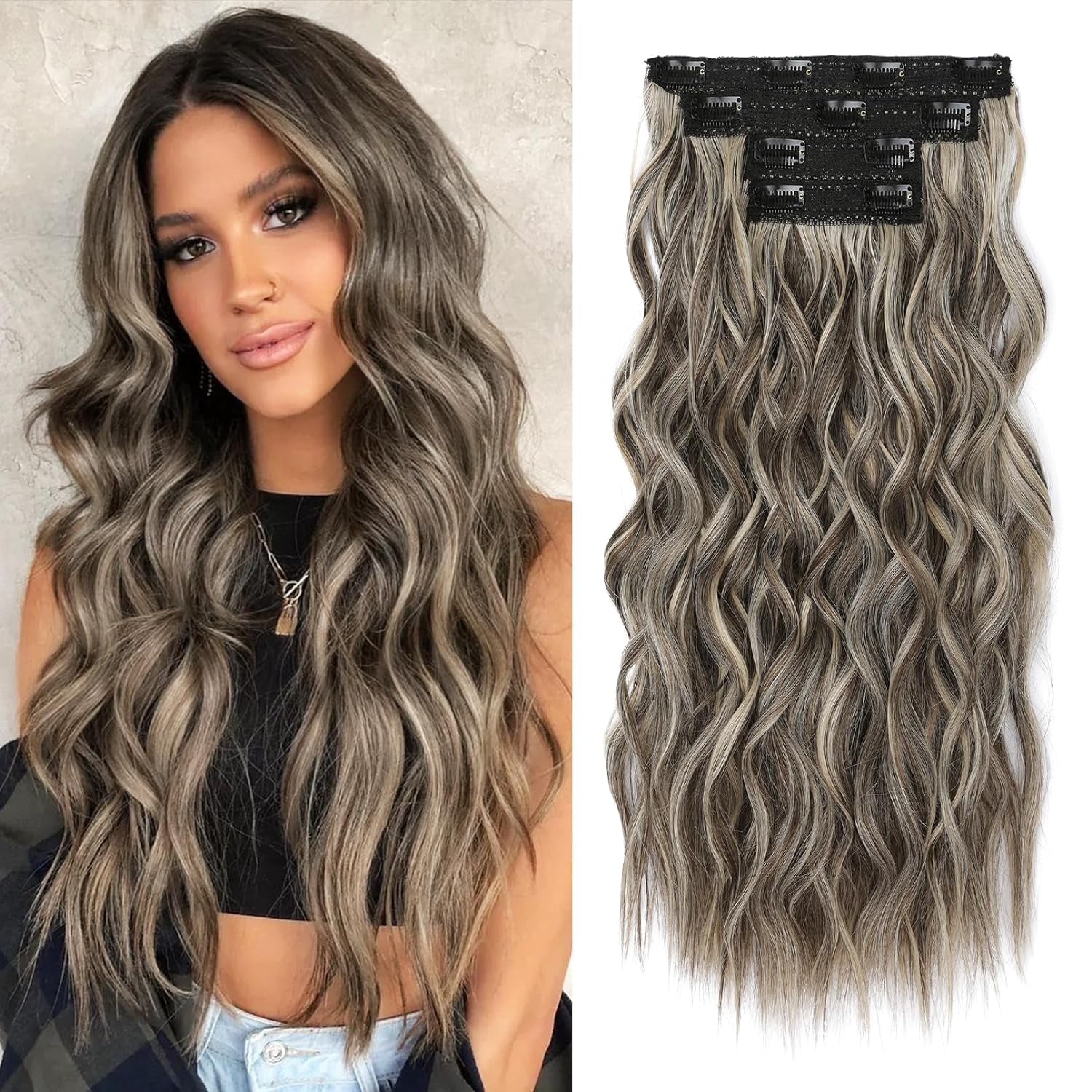 Hair Extensions, 4PCS Clip in Hair Extensions 24" Thick Long Beach Waves Hair Extensions HE003 Invisible Lace Weft Natural Soft Synthetic Hairpieces for Women – Ash Brown with Highlights