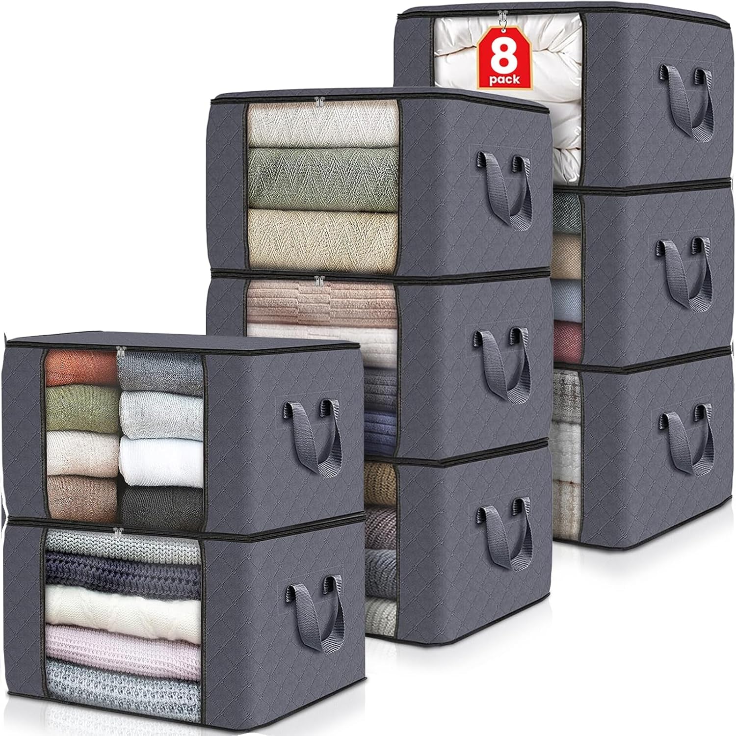 6 Pack Clothes Storage, Foldable Thick Fabric Blanket Storage Bags, Storage Containers for Organizing Bedroom, Closet, Clothing, Comforter, Organization and Storage with Handle,Grey