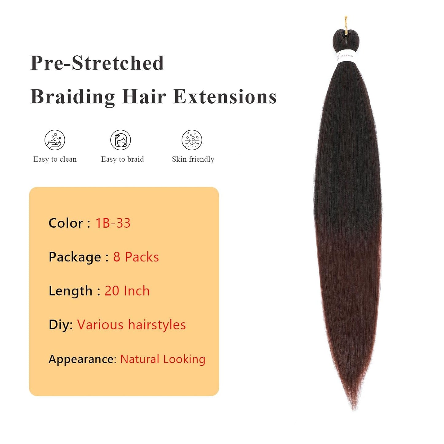 Braiding Hair Pre Stretched - 20 Inch Pre Stretched Braiding Hair 1B/33 Braiding Hair 8 Packs Ombre Braiding Hair Pre Stretched for Black Women (20 Inch(8Packs), 1B/33)