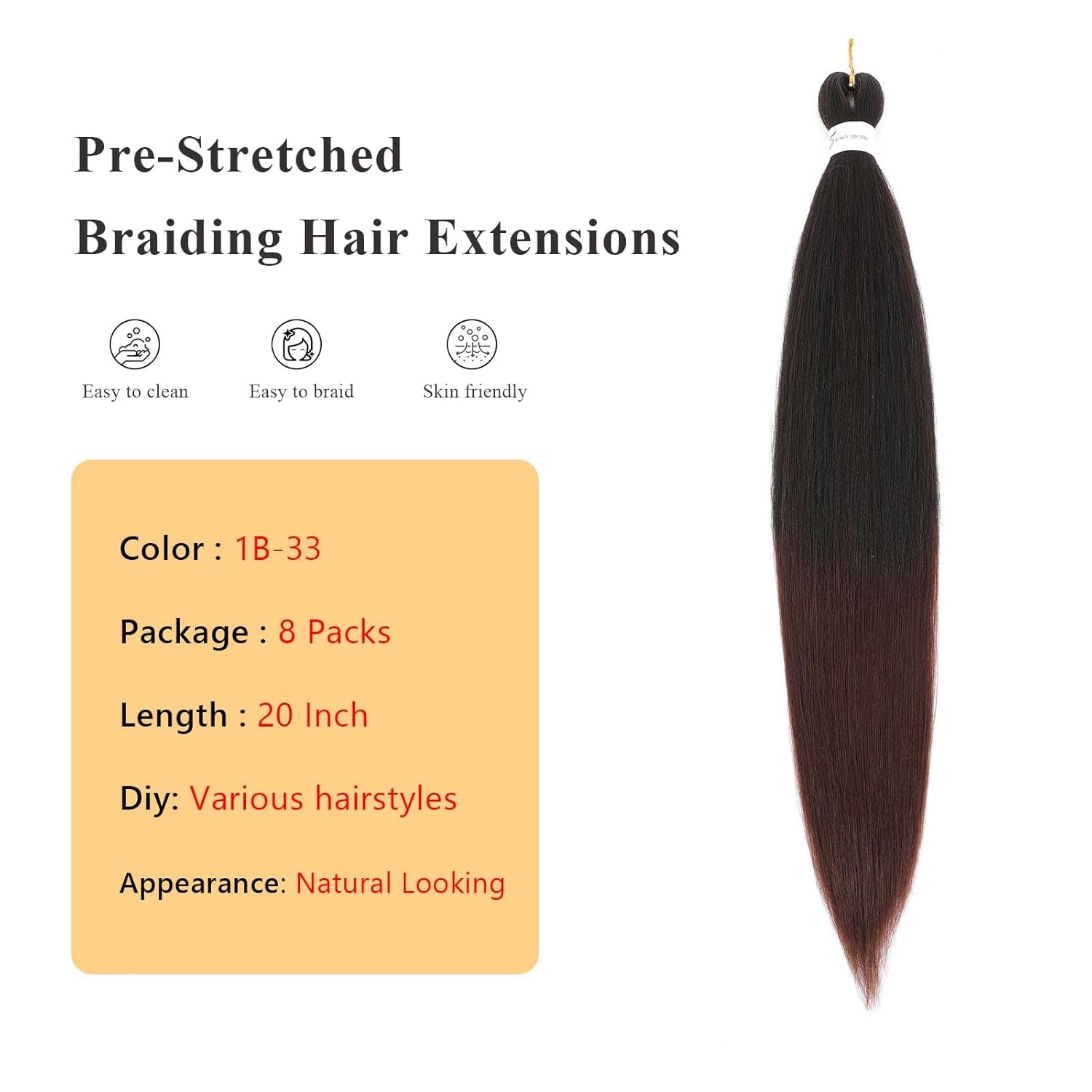 Braiding Hair Pre Stretched - 20 Inch Pre Stretched Braiding Hair 1B/33 Braiding Hair 8 Packs Ombre Braiding Hair Pre Stretched for Black Women (20 Inch(8Packs), 1B/33)