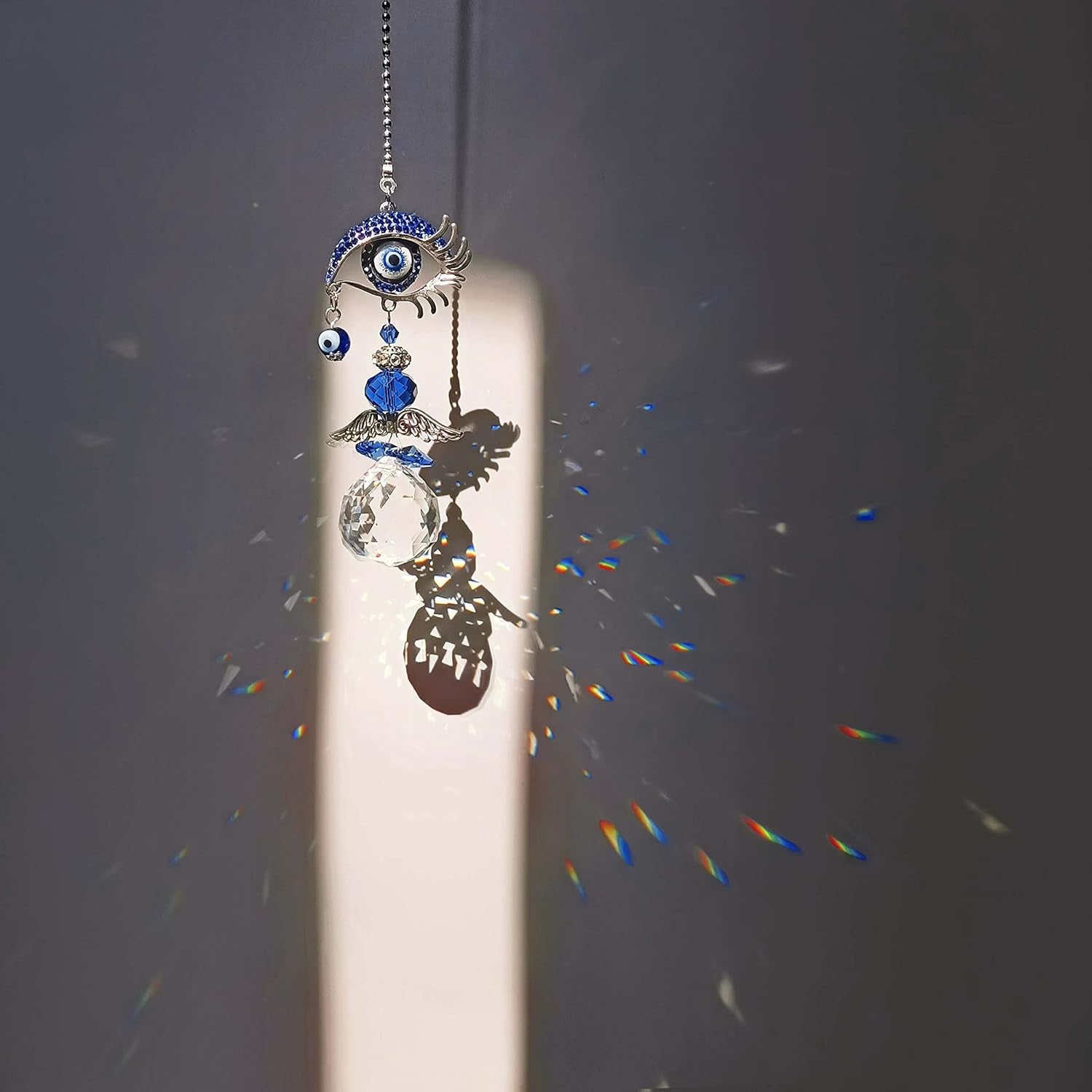 Hanging Crystal Angel Suncatcher Blue Evil Eye Protection and Good Luck Charm Chandelier Lamps Pendant(12.5In)