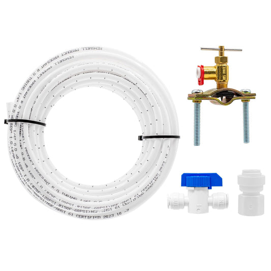 Refrigerator Water Line Kit for Ice Maker, Freezer, Humidifier, Water Filtration System. 25 FT X 1/4” OD Tube, 1/4" OD Quick Connect Self-Piercing Needle Saddle Valve, Adapter, & Ball Valve