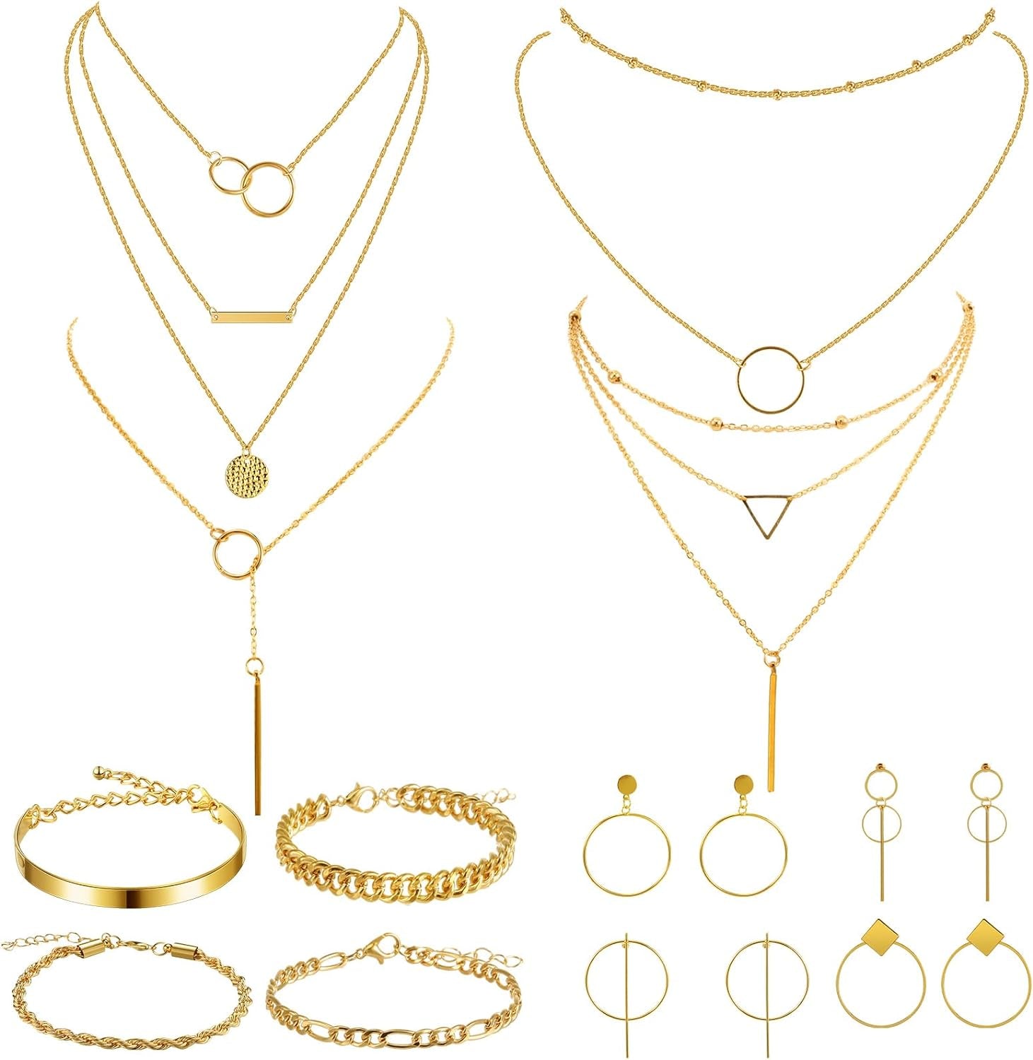 12 Pcs Gold Silver Jewelry Sets for Women Layered Set of Earring Necklace Bracelets for Teen Girl Men Christmas Jewelry Gifts