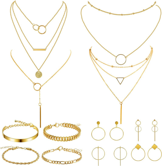 12 Pcs Gold Silver Jewelry Sets for Women Layered Set of Earring Necklace Bracelets for Teen Girl Men Christmas Jewelry Gifts