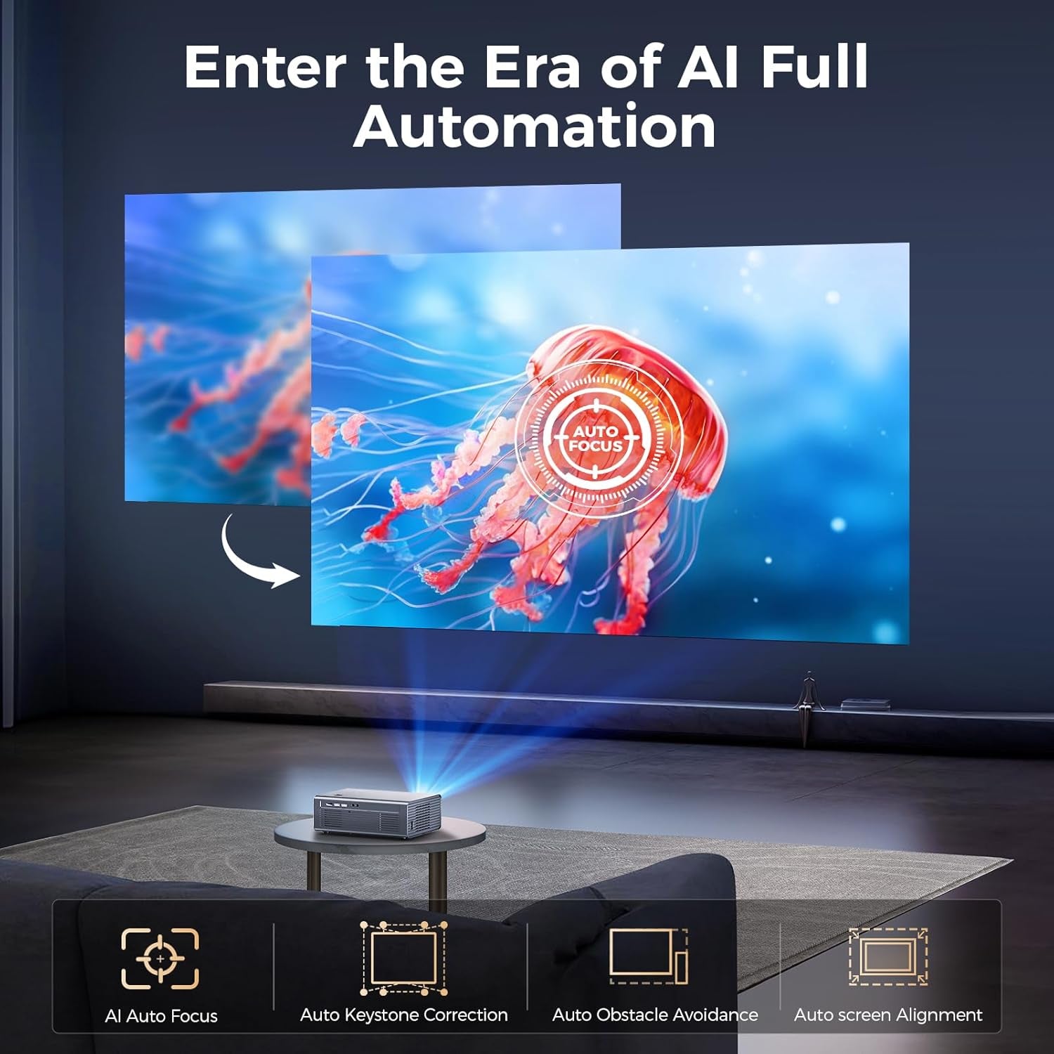 [Auto Focus/4K Support] Projector with Wifi 6 and Bluetooth 5.2, 850ANSI Native 1080P Outdoor Movie Projector,  Vertical Keystone Smart Projector 50% Zoom for Ios/Android/Tv Stick