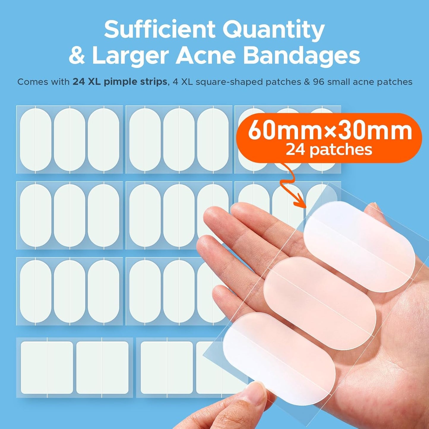 Large Pimple Patches for Face, 60 X 30 Mm XL Acne Patches, Big Hydrocolloid Bandages for Body, Back, Forehead, Chin, Neck Blemish Zit Breakouts (Oval, Square, Dot 5 Sizes 124 Count)