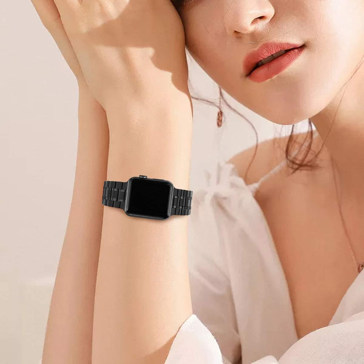 Compatible for Apple Watch Band 42/44/45/49Mm or 38/40/41Mm, Stainless Steel Metal Adjustable Sport Business Wristband Bracelet Strap for Iwatch Ultra/Series 9 8 7 6 SE 5 4 3 2 1 (Black)