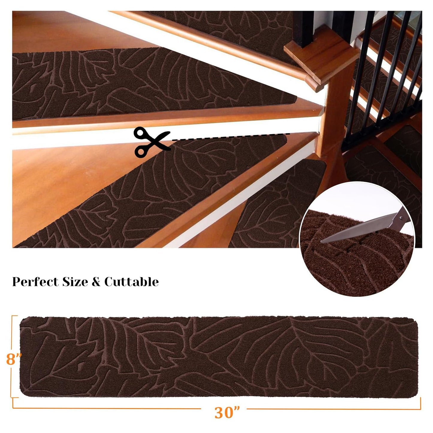 Stair Treads for Wooden Steps, 8" X 30" Non Slip Carpet Stair Treads Set of 15 Indoor Carpet Mat Stair Runners Stair Rugs for Kids Elders and Pets with Reusable Adhesive, Brown