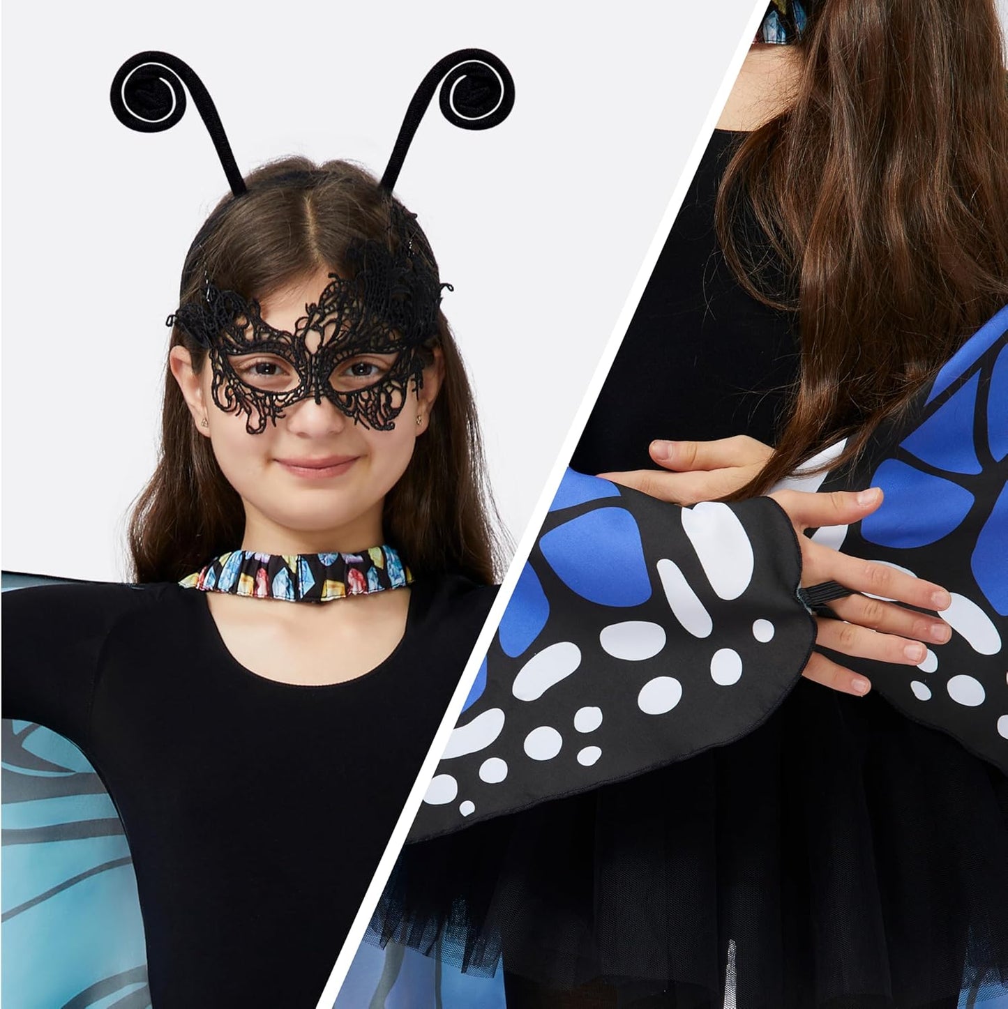 Blue Butterfly Wing Kids, Halloween Butterfly Costume for Girls with Lace Mask and Bug Headband for Halloween Costume Party