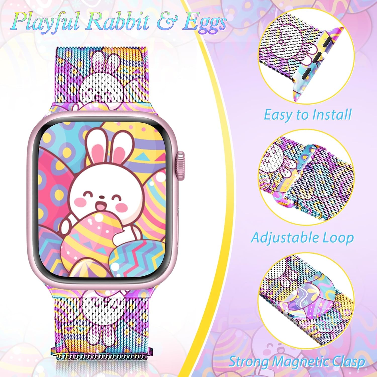 Magnetic Metal Easter Apple Watch Bands for Women Men 41Mm 42Mm 44Mm 45Mm 46Mm 49Mm 38Mm 40Mm, Valentine Holiday Milanese Loop Strap for Apple Watch Series 10 9 SE 8 7 6 5 4 3 2 1 Ultra 2 1-Purple Easter Eggs & Rabbit