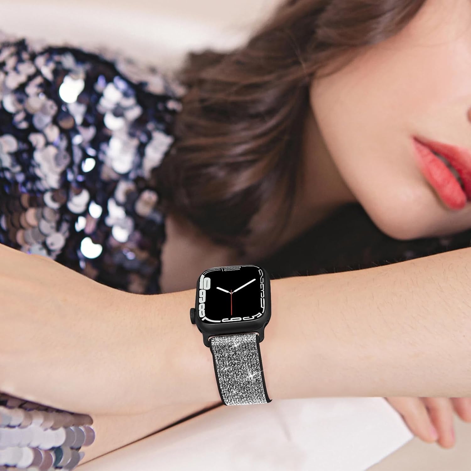 Bling Stretchy Nylon Band Beaded Bracelet Compatible with Apple Watch Band 40Mm 41Mm 38Mm 42Mm Women, Solo Loop Nylon Strap Stretchy Dressy Band for Iwatch Series 10/9/8/SE/7/6/5/4/3/2/1