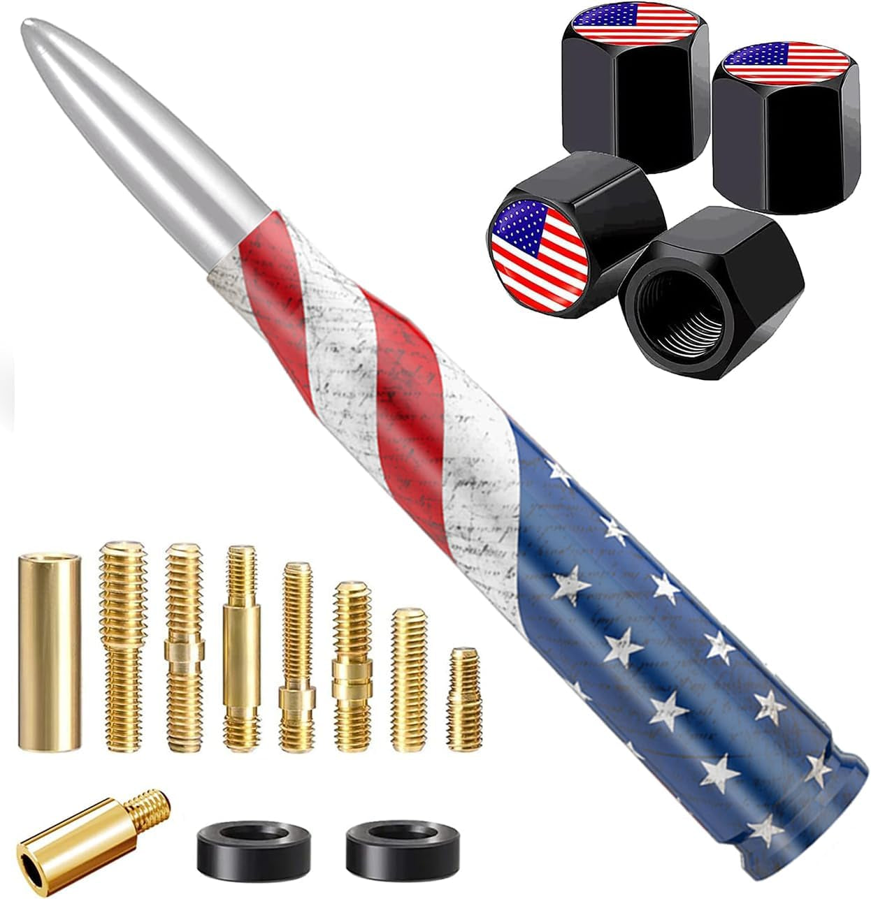 American Flag Car Truck Antenna with Valve Stem Caps, Universal Mast for GM Chevy Silverado 1500 2500 3500 HD Avalanche Ford F150 F250 F350 Denali Heavy Duty Pickup Trucks Accessories (Black)