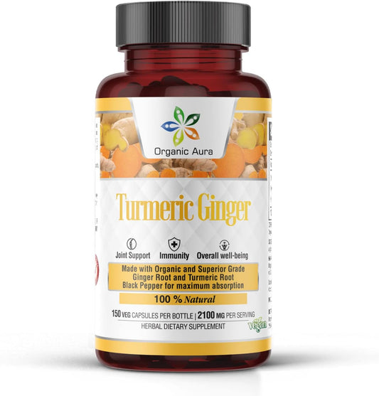 Turmeric Curcumin and Ginger Capsules -150 Veg Max Strength Pure High-Potency Curcumin and Zingiber Officinale. Supports Joints, Mobility, and Flexibility. TLBH