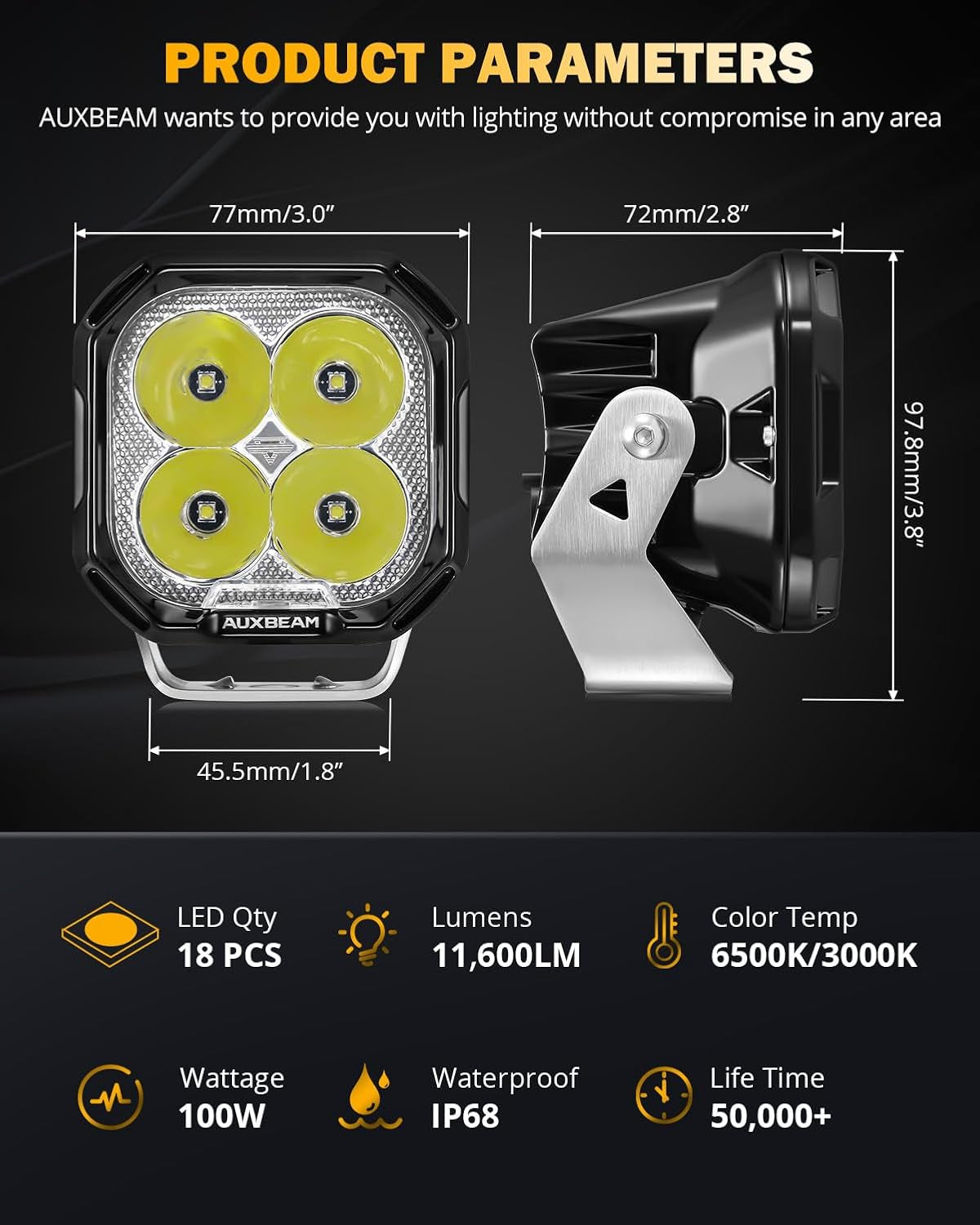 Color Play Series 3 Inch LED Pod Lights, 100W 11600LM Amber White LED Cube Spot Light Offroad Driving Ditch Lights with DRL & Turn Signal, Fog Lights for Trucks Jeep Ford UTV ATV, Pair