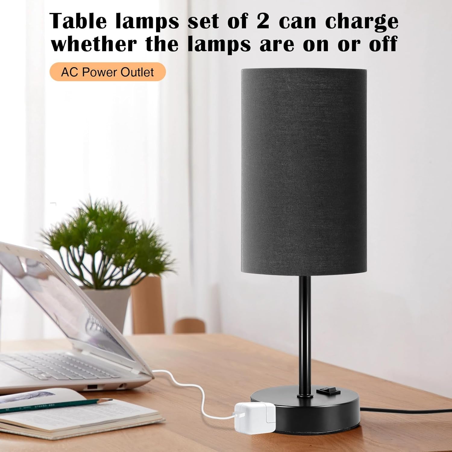 Table Lamp for Bedroom Set of 2, Bedside Small Lamps with 3 Way Dimmable Rocker Switch and AC Outlet, Nightstand Desk Lamp with Black Fabric Shade Black Base for Living Room Home Decor Lights