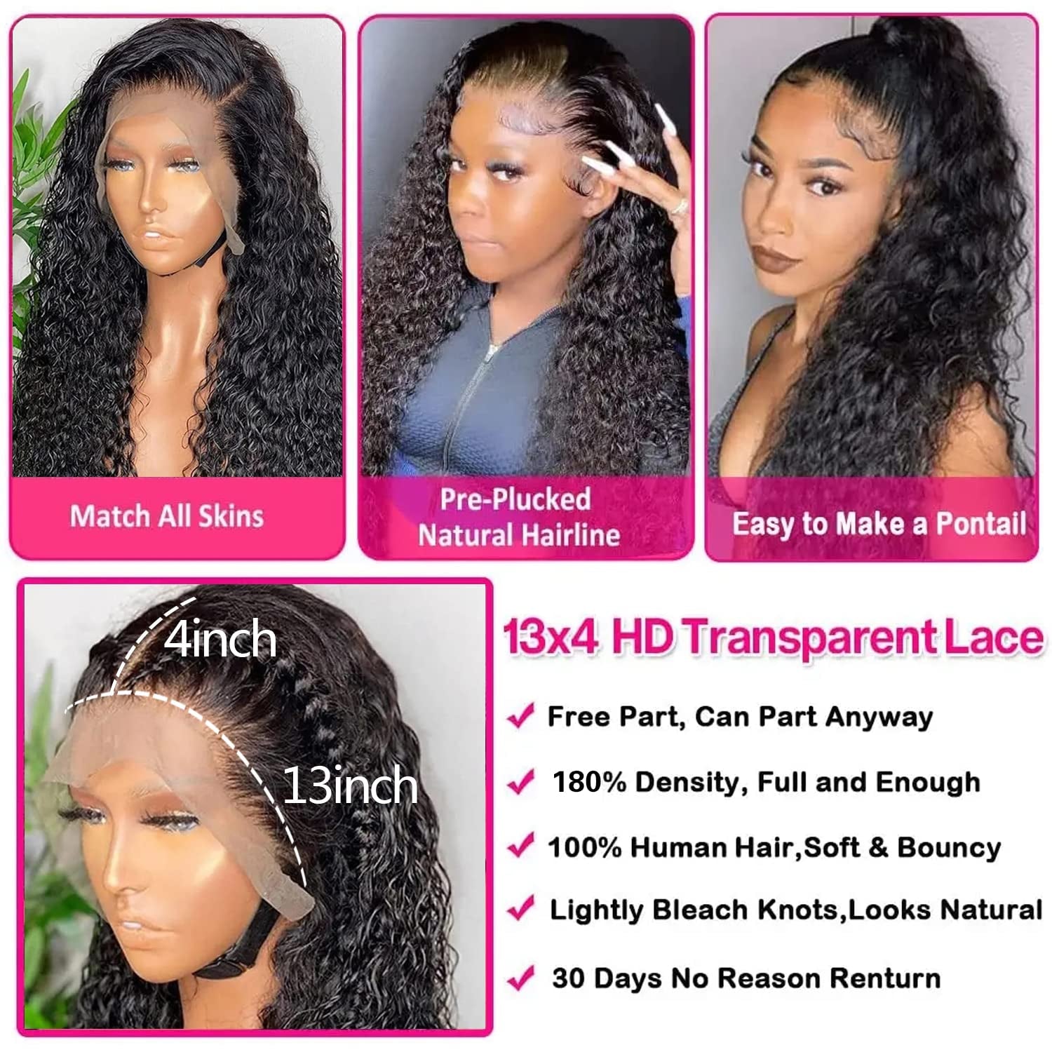 Deep Wave Lace Front Wigs Human Hair for Black Women 13X4 Curly Lace Frontal Wigs Wet and Wavy HD Transparent Lace Front Wigs Human Hair Pre Plucked with Baby Hair 180% Density 20Inch