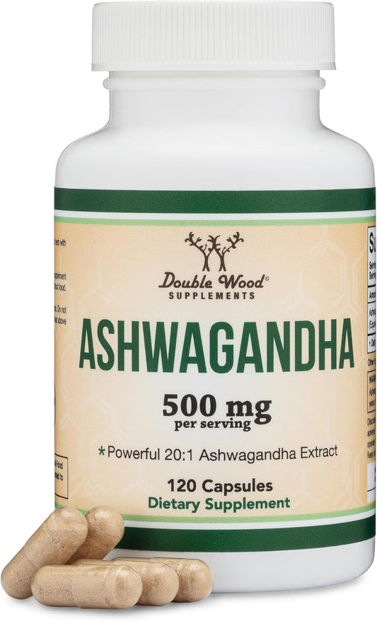 Ashwagandha Capsules, 120 Count (500Mg Extract 20:1 Potency) Adaptogen Stress Relief by Double Wood TLBH