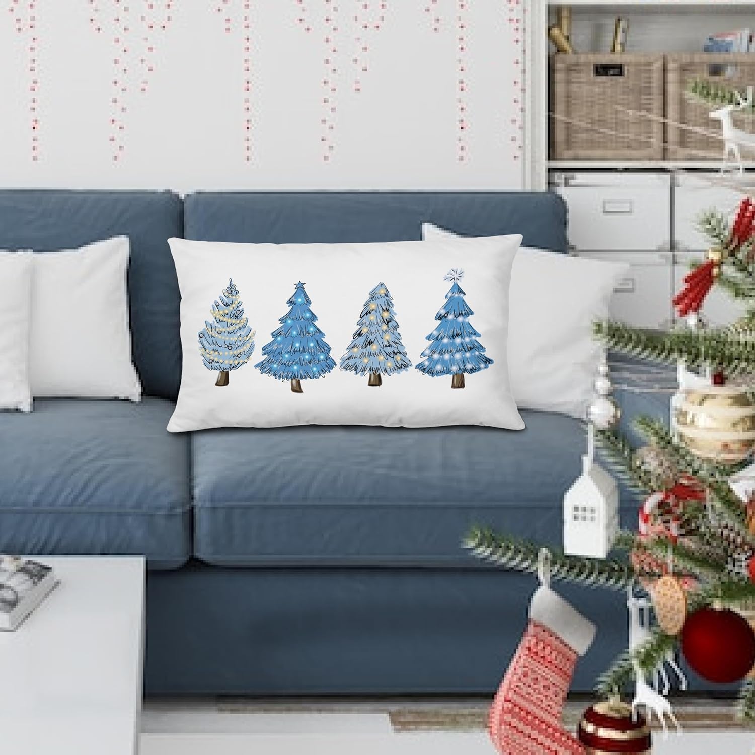 Blue Christmas Decorations,Coastal Christmas Decor Blue Christmas Tree Pillow Covers 12X20,Christmas Decor,Christmas Trees Xmas Pillow Cases Cushion Covers,Blue Christmas Tree Pillow Covers