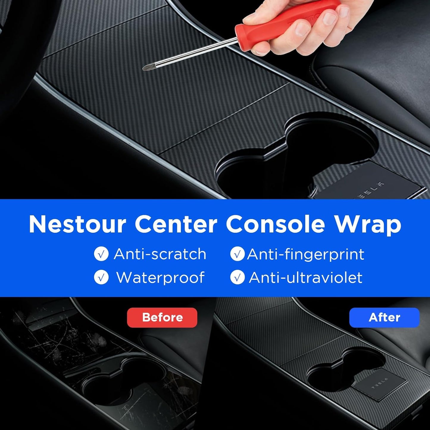 2016-2020 Tesla Model 3 Model Y Center Console Wrap Cover Kit, Non-Trace Remove Center Console Protector Accessories, Premium ABS Material. (Matte Carbon Fiber)