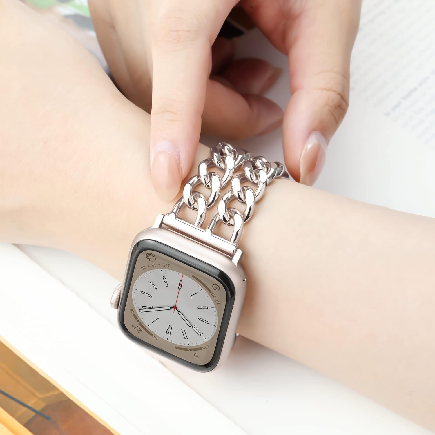 Metal Band Bracelet Compatible with Apple Watch Series 9 8 SE 7 6 5 4 3 2 1 Ultra 2 1,Dressy Iwatch Bands for Women Men,Chain Design Adjustable Bands for Apple Watch 41Mm 40Mm 38Mm(Starlight)