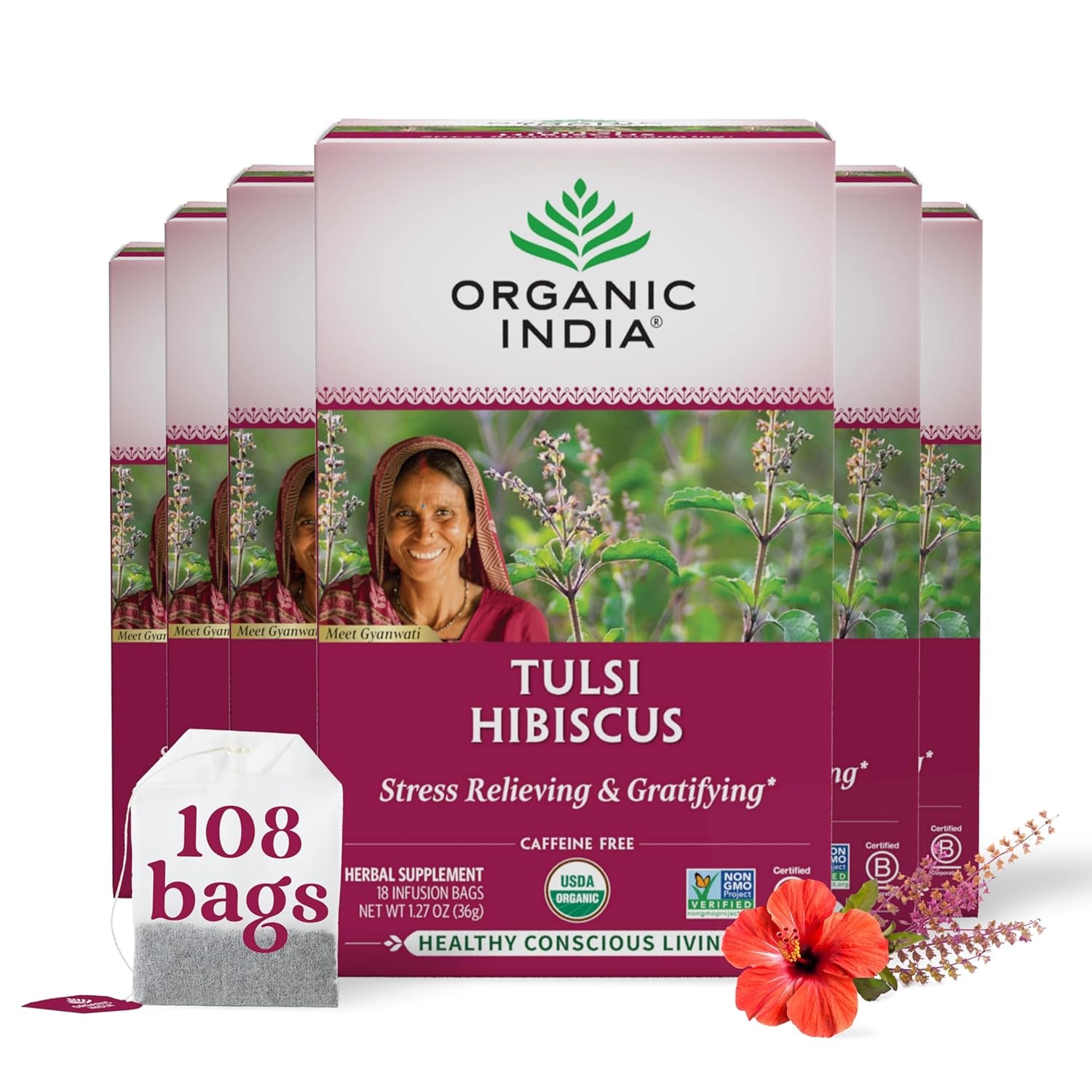 Tulsi Original Herbal Tea - Holy Basil and African Basil Calming and Stress Relief Tea, Immune Support, USDA Certified Organic, Non-Gmo, Caffeine-Free - 18 Infusion Bags, 6 Pack TLBH