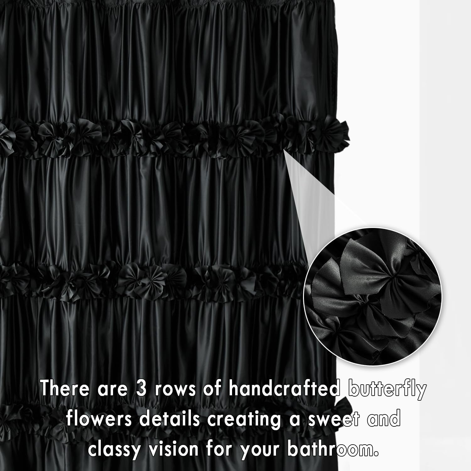Black Ruffle Shower Curtain, Vintage Handcrafted Bow Tie Bath Curtain for Master Bathroom, Ruched Satin Bathroom Curtain with 12 Buttonholes, 72" W X 72" H (LQ-10)