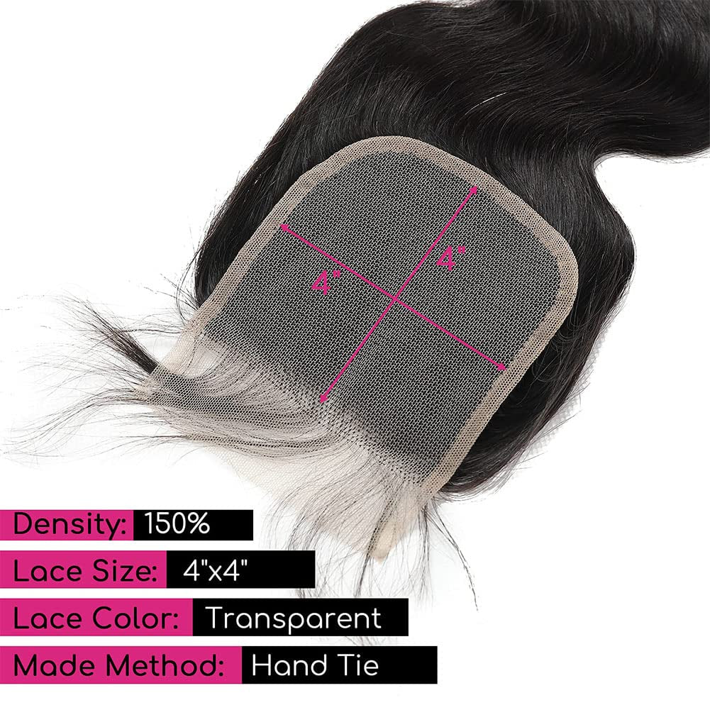 Body Wave Lace Closure Human Hair 10 Inch 4X4 HD Lace Closure 100% Brazilian Virgin Human Hair Body Wave Transparent Lace Closure Pre Plucked with Baby Hair Free Part