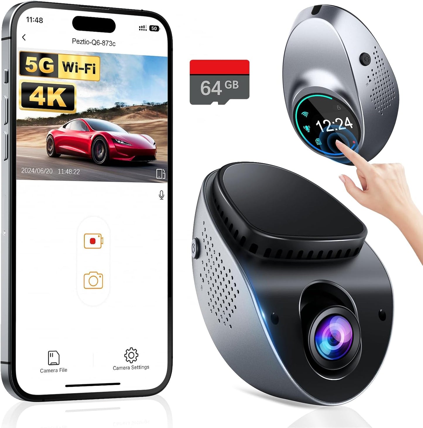 Dash Cam 4K with Touch Screen, Built-In 5G Wifi, Free 64GB Card, Dash Camera for Cars with App, Car Camera, Dashcams for Cars, 24 Hours Parking Monitor, Night Vision, Loop Recording